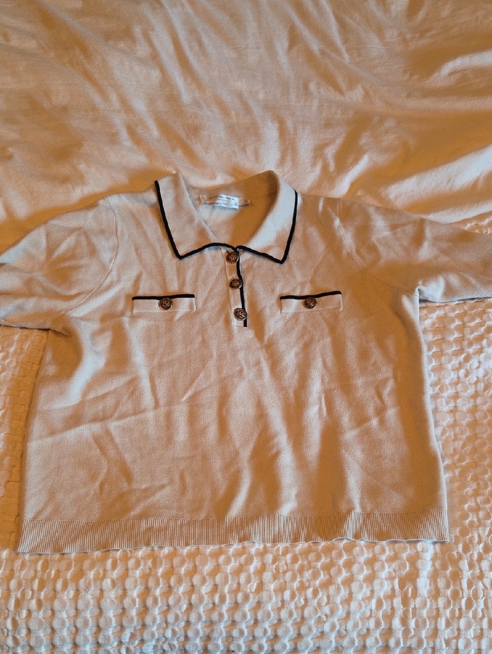 Simons Cream Knit Polo Sweater with Black Trim Xl